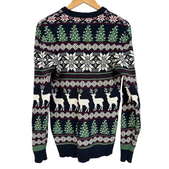 Aspen Fair Isle Christmas Sweater Deer Snowflake Trees Navy Green Size Small - Picture 2 of 8